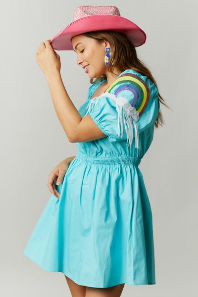 Happiest Day Ever Rainbow Sequin Sleeve Dress in Sky Blue