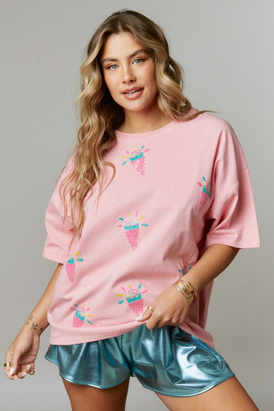 Ice Cream Party Oversized Sequin Patch Top in Blush Pink