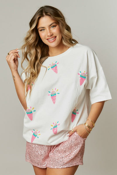 Ice Cream Party Oversized Sequin Patch Top in Off-White