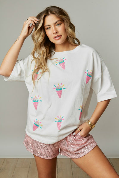 Ice Cream Party Oversized Sequin Patch Top in Off-White