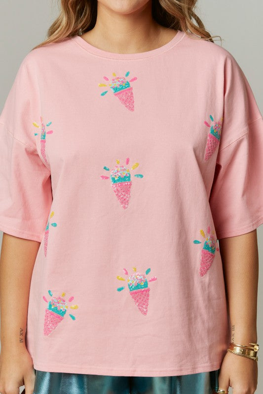 Ice Cream Party Oversized Sequin Patch Top in Blush Pink