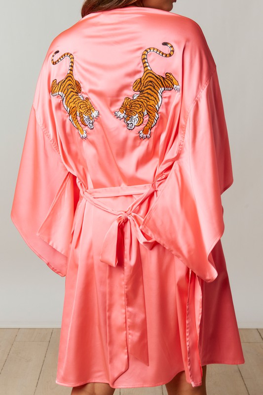 Wild Side Embroidered Tiger Pink Kimono Robe