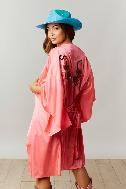 Wild Side Embroidered Tiger Pink Kimono Robe