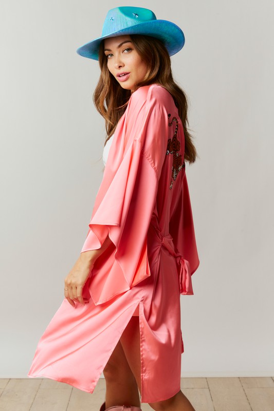 Wild Side Embroidered Tiger Pink Kimono Robe