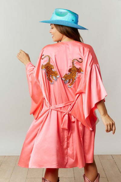 Wild Side Embroidered Tiger Pink Kimono Robe