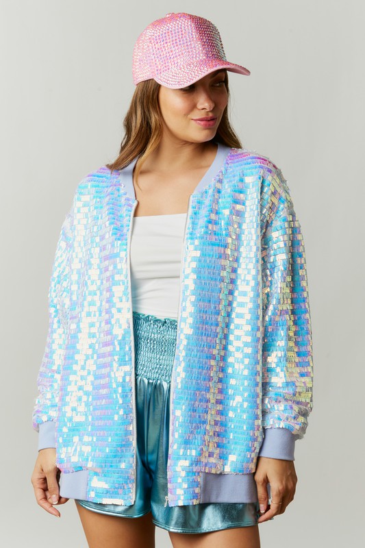 The It Girl Iridescent Sequin Bomber Jacket in Light Blue