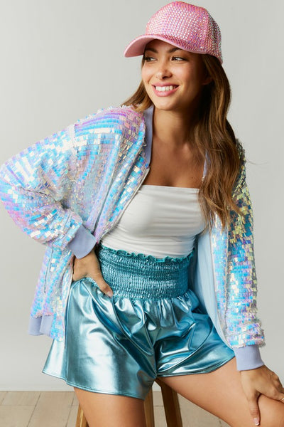 The It Girl Iridescent Sequin Bomber Jacket in Light Blue