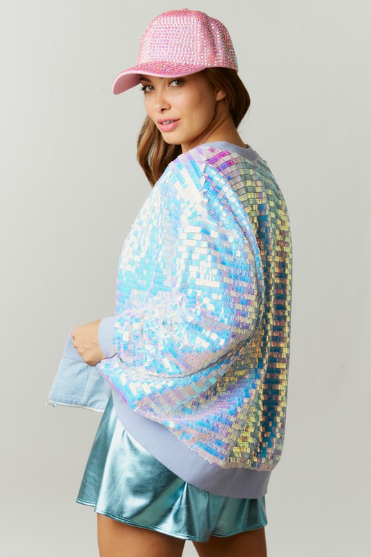 The It Girl Iridescent Sequin Bomber Jacket in Light Blue