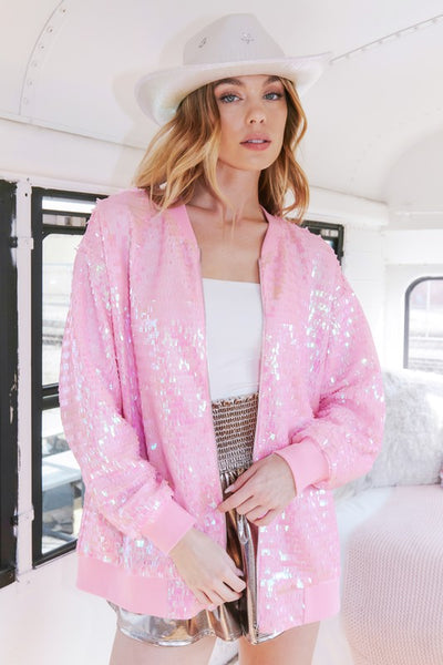 The It Girl Iridescent Sequin Bomber Jacket in Pink