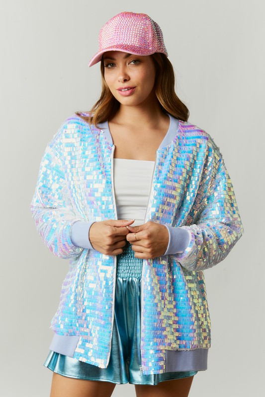 The It Girl Iridescent Sequin Bomber Jacket in Light Blue