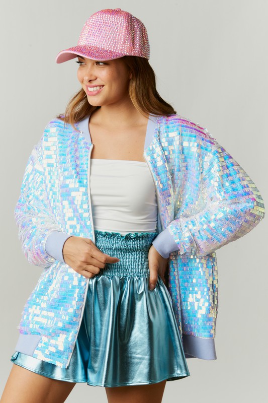 The It Girl Iridescent Sequin Bomber Jacket in Light Blue