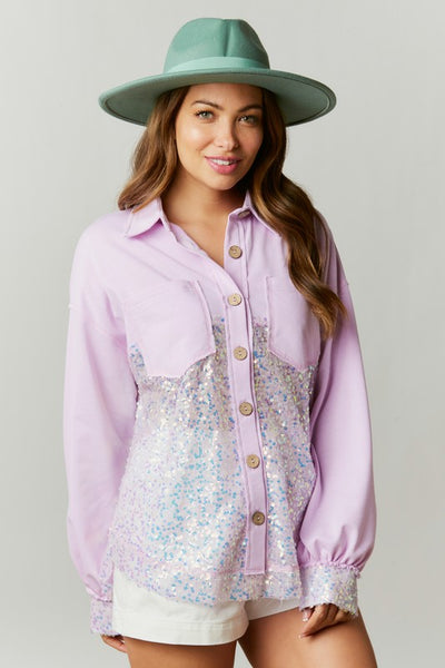 All Things Bling Sequin Contrast Color Block Shacket in Lavender