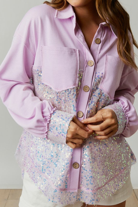 All Things Bling Sequin Contrast Color Block Shacket in Lavender