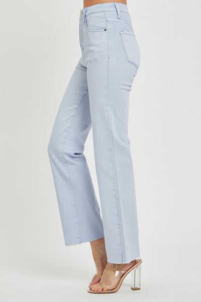 Risen Tyla High Rise Raw Hem Straight Leg Jeans in Ice Blue