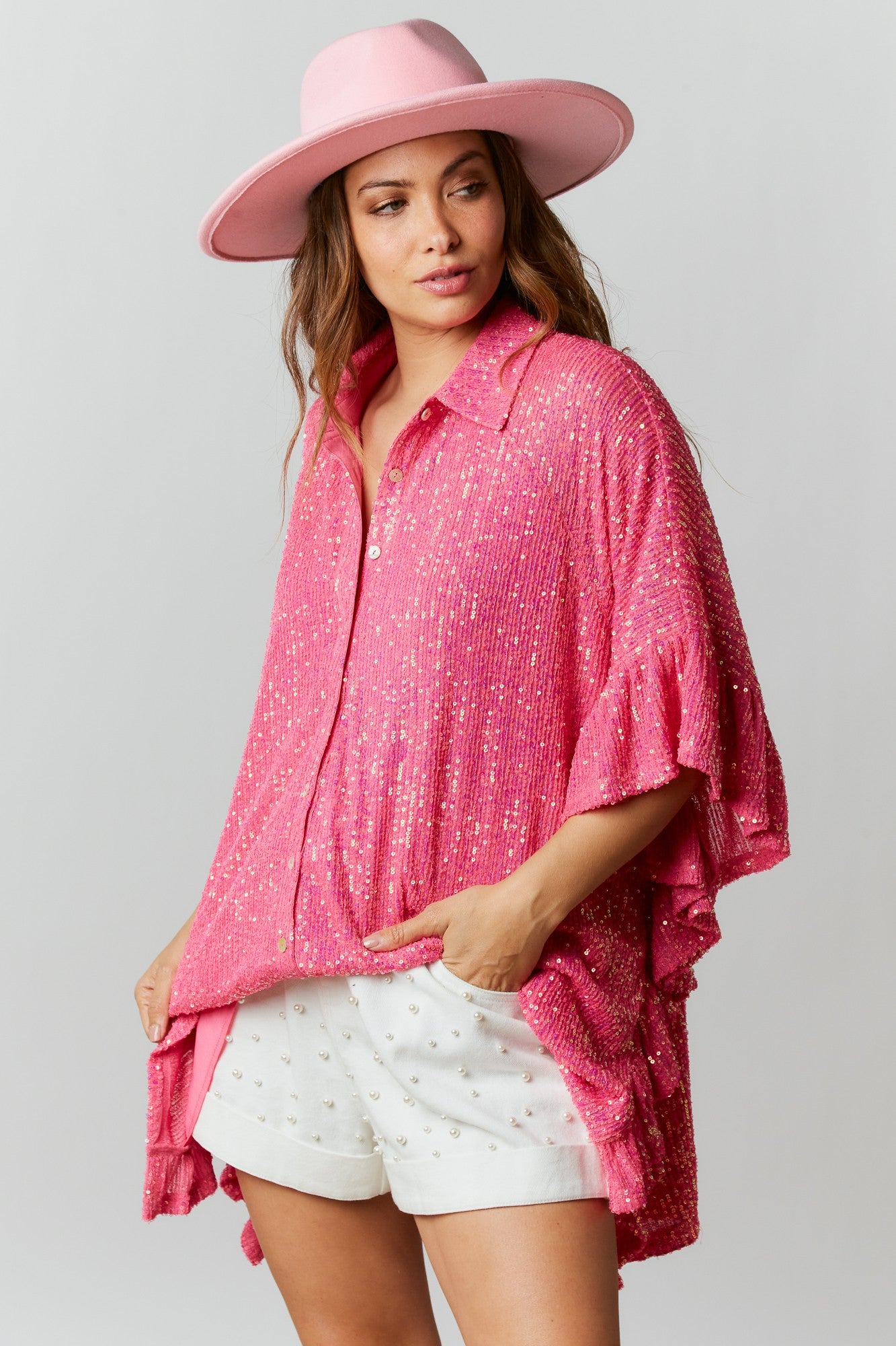 Sweet Dream Sequin Poncho Button-Down Tunic in Hot Pink