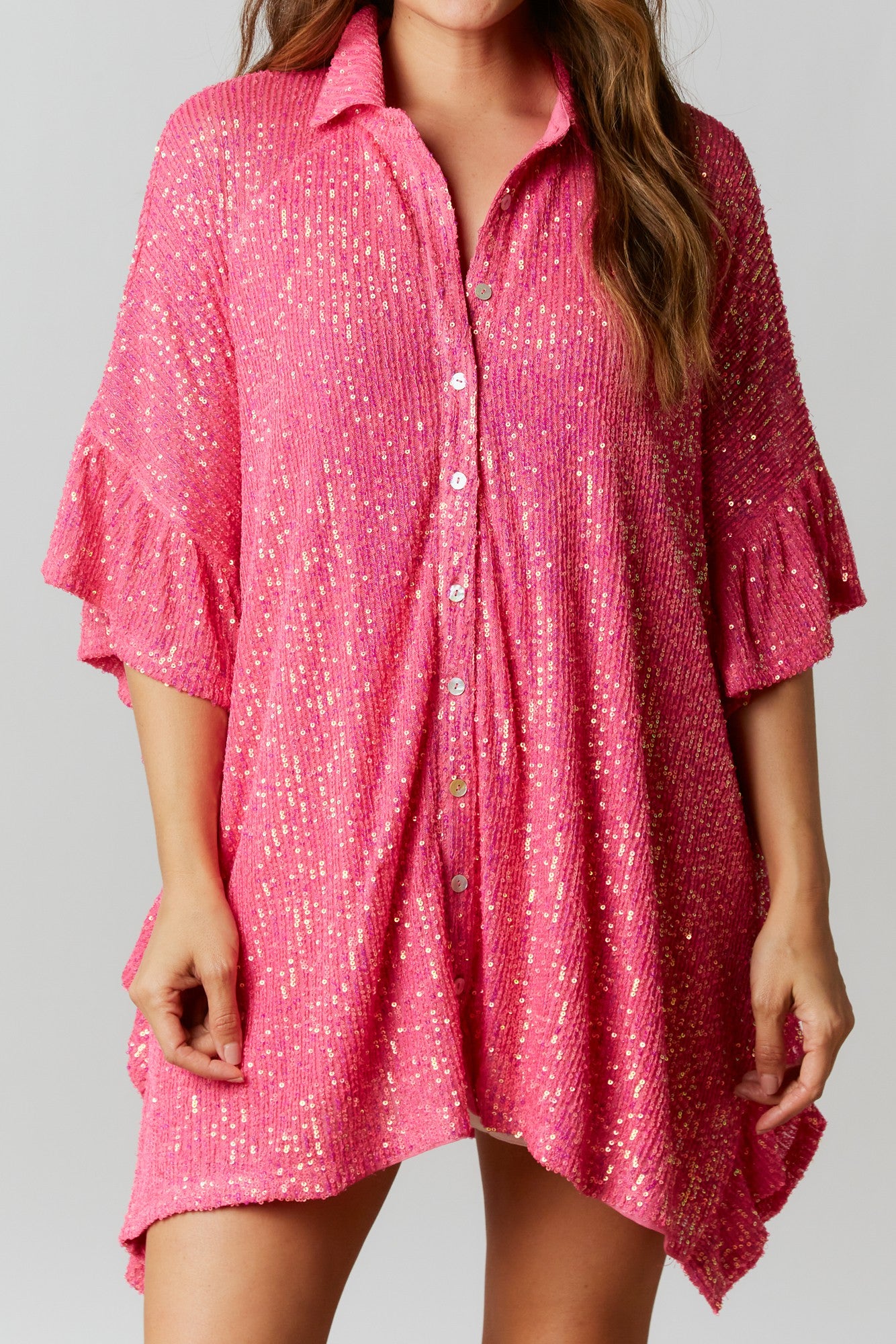 Sweet Dream Sequin Poncho Button-Down Tunic in Hot Pink