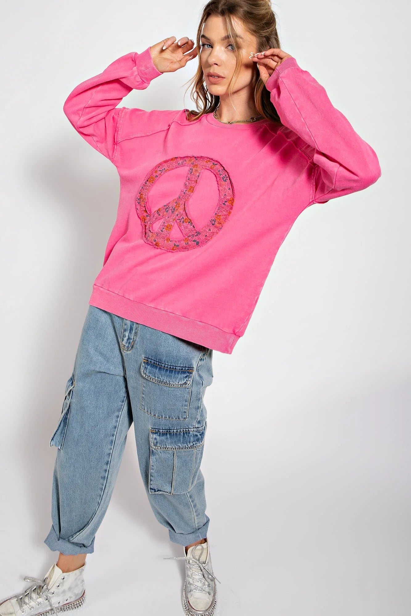 Peace Out French Terry Pullover in Cotton Candy