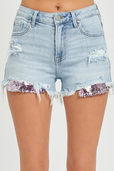 Risen Kayden High Rise Sequin Pocket Light Denim Shorts