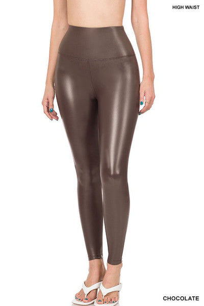 Luxe High Rise Faux Leather Leggings in Chocolate