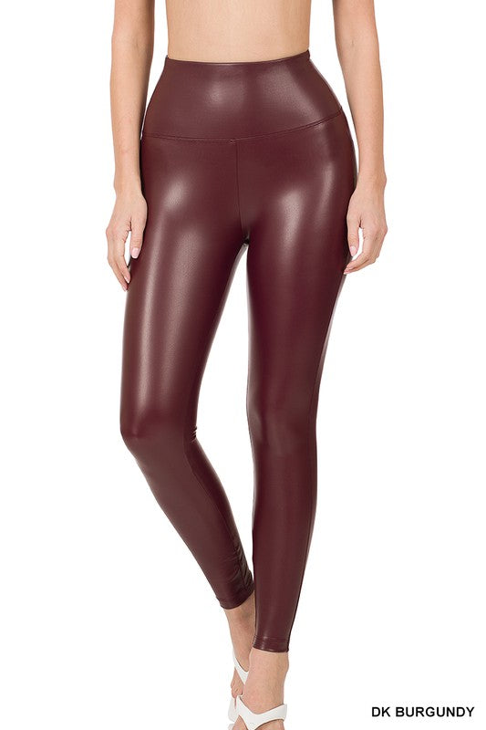 Luxe High Rise Faux Leather Leggings in Dark Burgundy