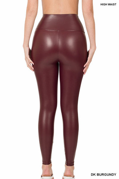 Luxe High Rise Faux Leather Leggings in Dark Burgundy