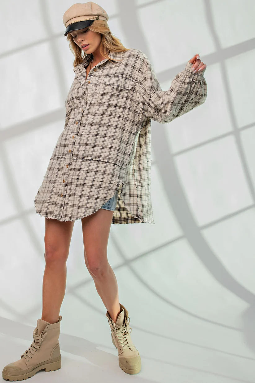 *** IN STOCK*** The Perfect Plaid Oversized Mineral Washed Shirt in Natural