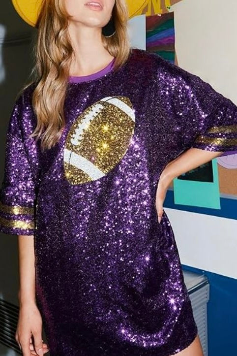 First Down Gameday Football Sequin Jersey Dress in Purple