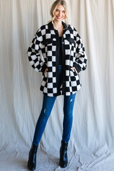The Stevie Checkered Fleece Shacket in Black/White Check