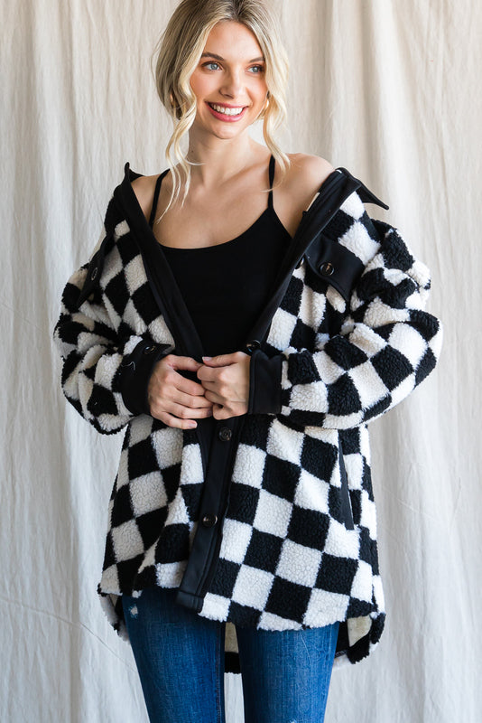 The Stevie Checkered Fleece Shacket in Black/White Check