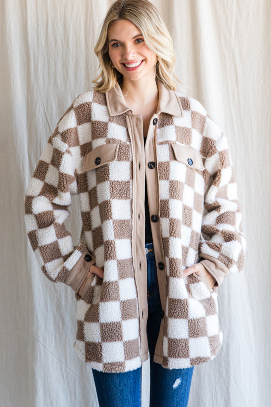 The Stevie Checkered Fleece Shacket in Taupe Check