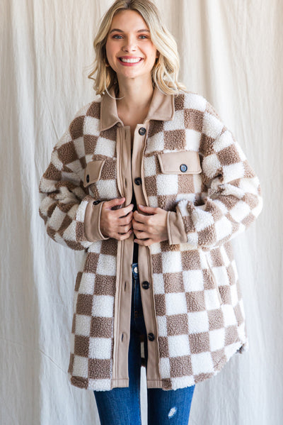 The Stevie Checkered Fleece Shacket in Taupe Check