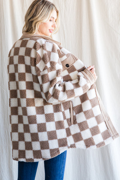 The Stevie Checkered Fleece Shacket in Taupe Check