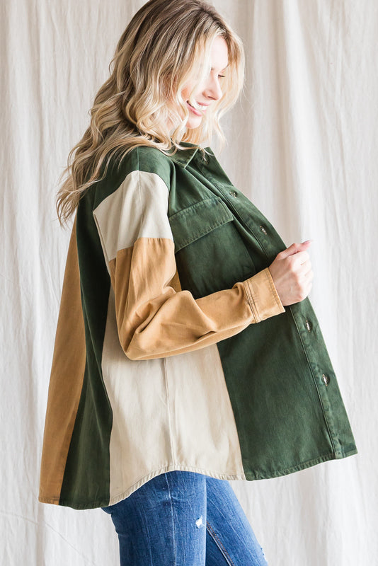 Amber Energy Color Block Shacket in Hunter Green Mixed