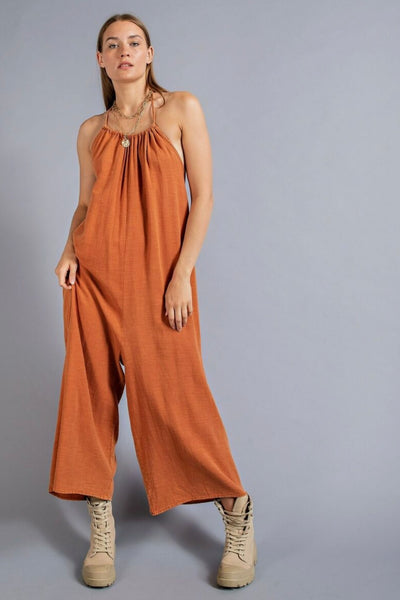 Sophia Wide Leg Washed Linen Jumpsuit in Brick