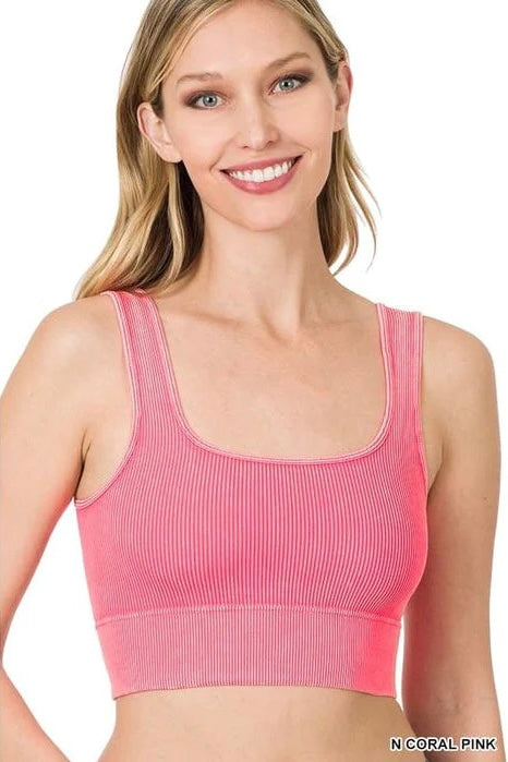 Maddie Washed Ribbed Crop Top Bralette in Neon Coral Pink