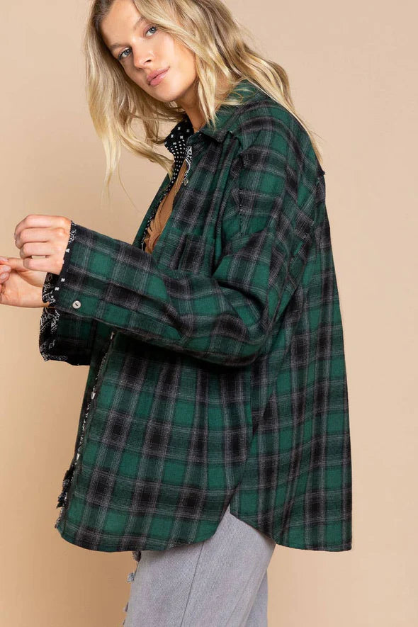 Never Better Paisley Print Collared Button Down Flannel Top in Green