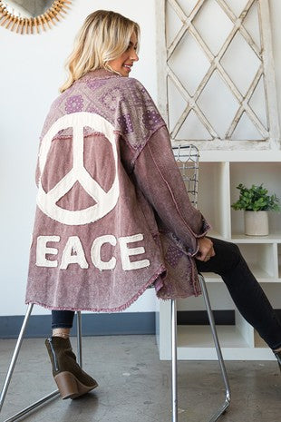 Peace Out Mineral Washed Button Up  Shacket in Plum