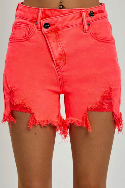 Risen Gabby Asymmetrical Distressed Shorts in Coral Pink