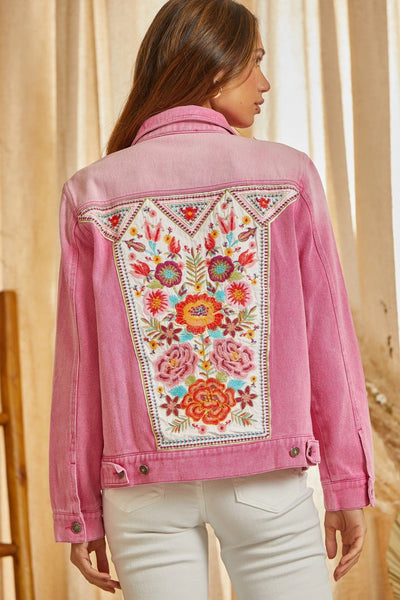 In Full Bloom Western Denim Embroidery Jacket in Pink