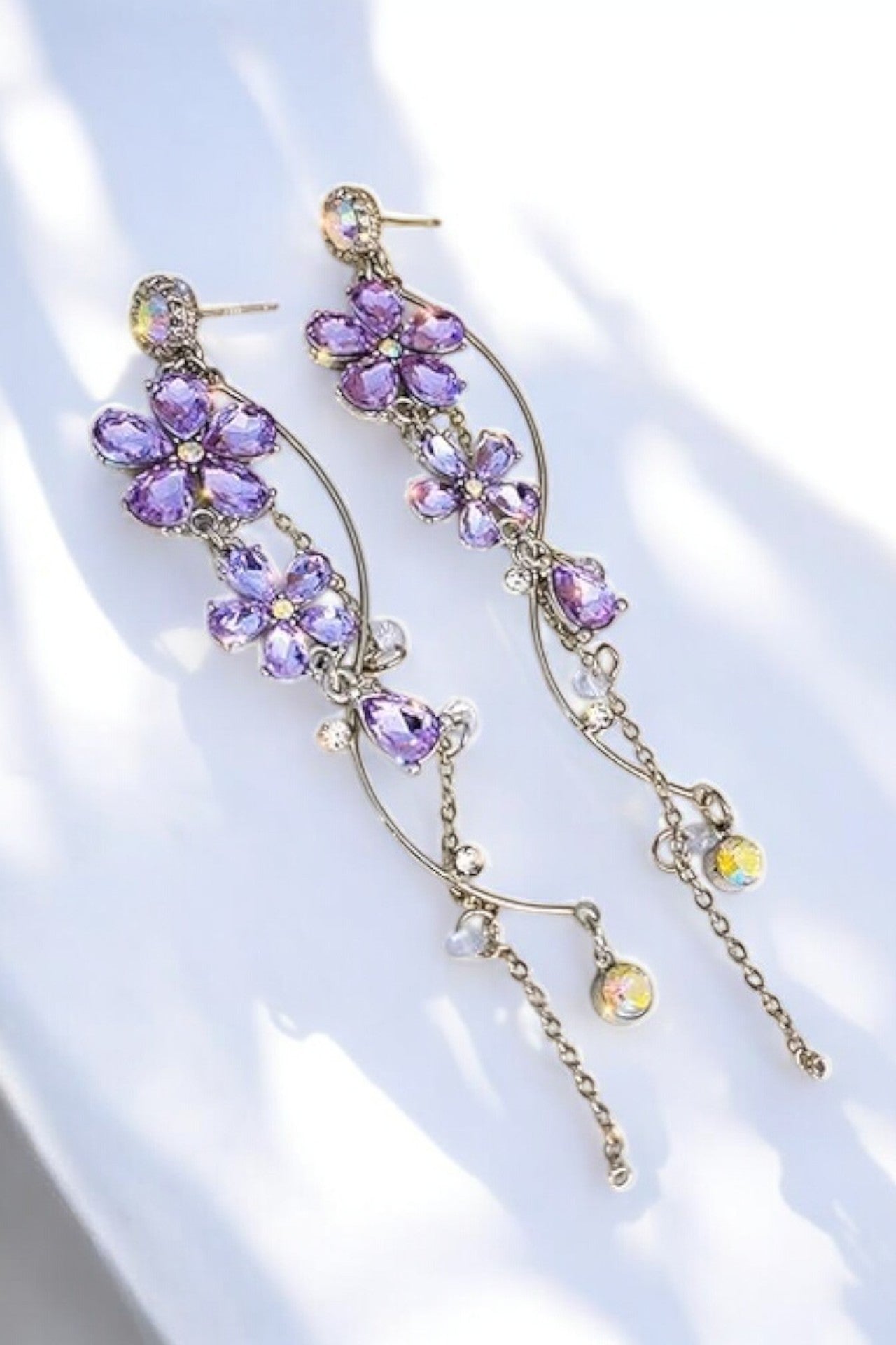 Crystal Garden Lilac Floral Dangle Drop Earrings in Silver