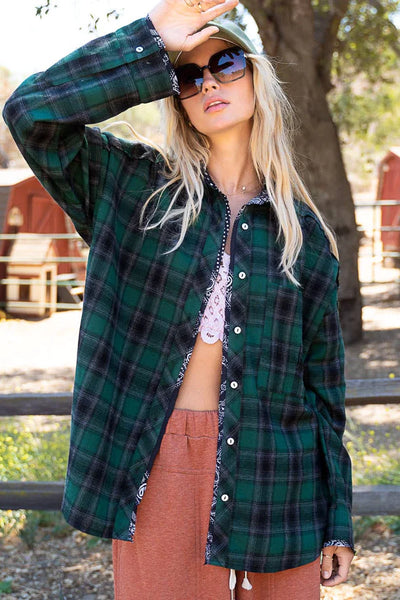 Never Better Paisley Print Collared Button Down Flannel Top in Green