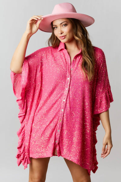 Sweet Dream Sequin Poncho Button-Down Tunic in Hot Pink