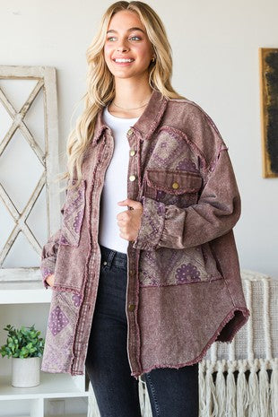 Peace Out Mineral Washed Button Up  Shacket in Plum