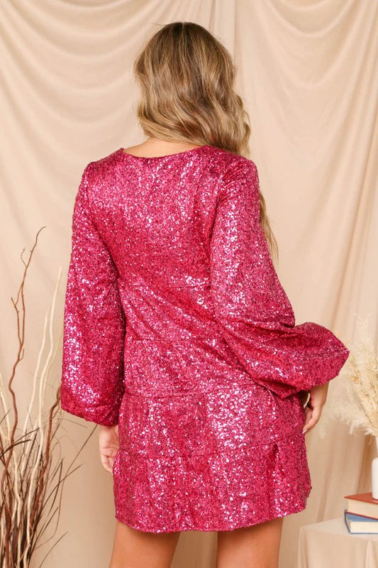 Dance The Night Away Sequin Tiered Baby Doll Dress in Fuchsia