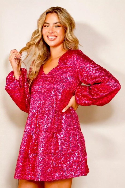 Dance The Night Away Sequin Tiered Baby Doll Dress in Fuchsia