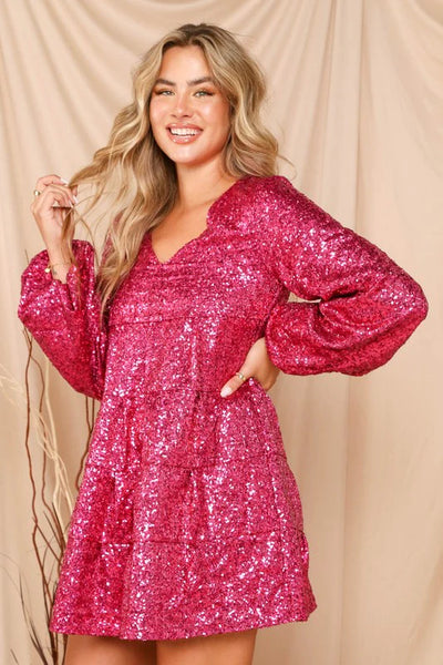 Dance The Night Away Sequin Tiered Baby Doll Dress in Fuchsia