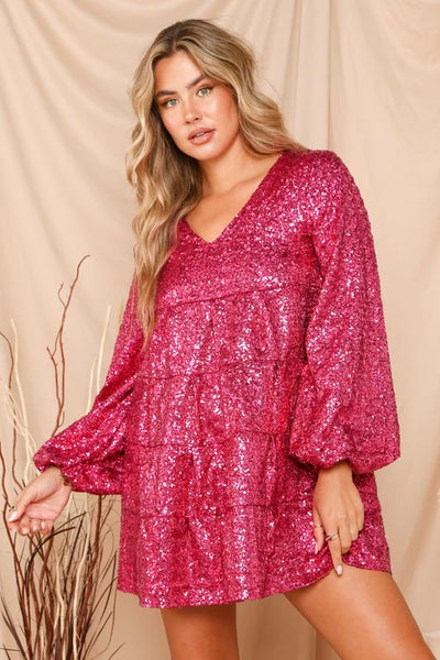 Dance The Night Away Sequin Tiered Baby Doll Dress in Fuchsia