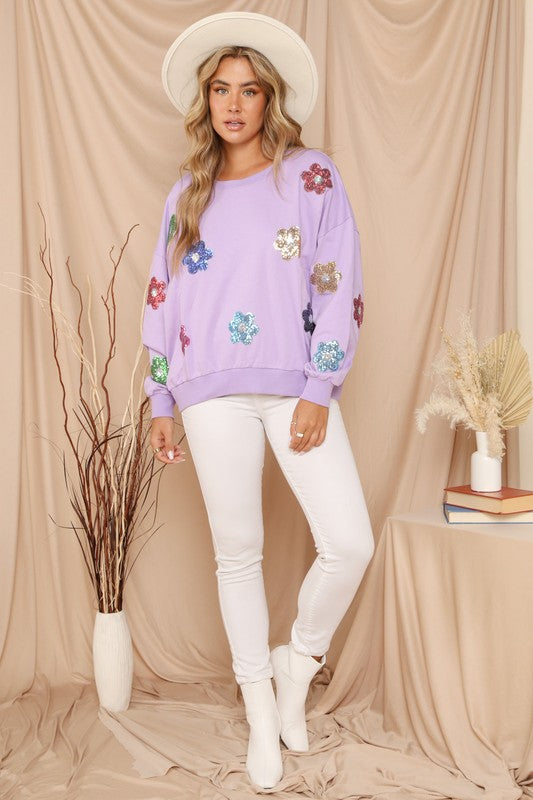 The Lizzie McGuire Sequin Floral Top in Lavender