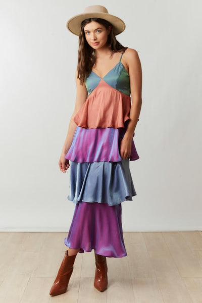 Harvest Hour Tiered Colorblock Dress in Emerald/Purple