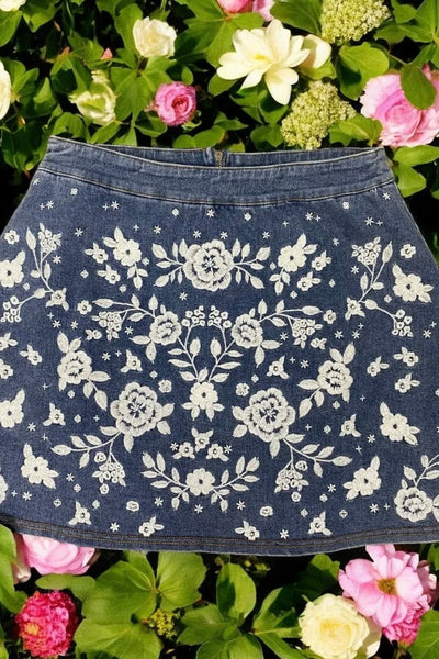 Desert Rose Embroidered Denim Mini Skirt